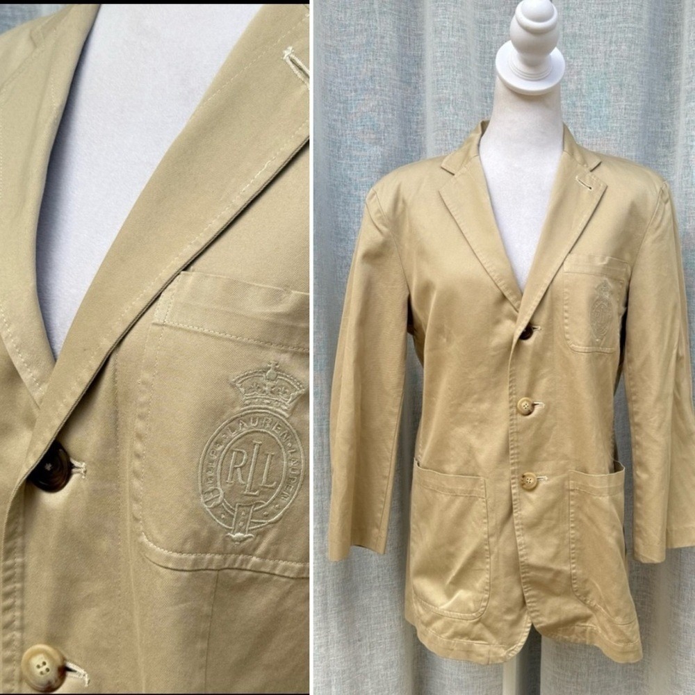 Lauren Ralph Lauren tan button down crest embroidered cotton blazer